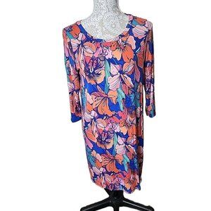 Fleur Bleue Dress Tropical Stretch Knit 3/4 Sleeve Scoop Neck Women's Medium